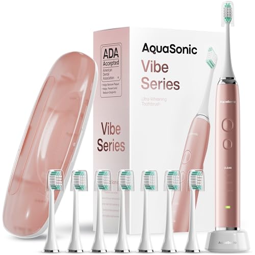 Aquasonic Vibe Series Ultra-Whitening Toothbrush – ADA Accepted Power Toothbrush - 8 Brush Heads & Travel Case – 40,000 VPM Motor & Wireless Charging - 4 Modes w Smart Timer – Satin Rose Gold