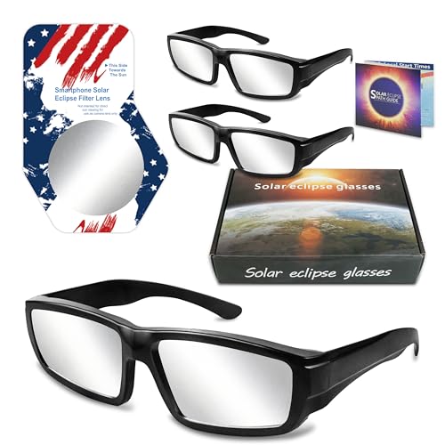 Keyaluo Solar Eclipse Glasses with 1 Cellphone Photo Filter Lens,AAS 2024 Approved-ISO 12312-2:2015(E) & CE Certified, 3 Pack Durable Plastic Eclipse Glasses for Direct Sun Viewing