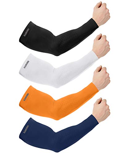 KMMIN Arm Sleeves, UV Protection Sleeves for Driving Cycling Golf Basketball Cooling Arm Sleeves UPF 50 Sunblock Protective Gloves for Men Women Adults Covering Tattoos (Black+White+Orange+Navy)