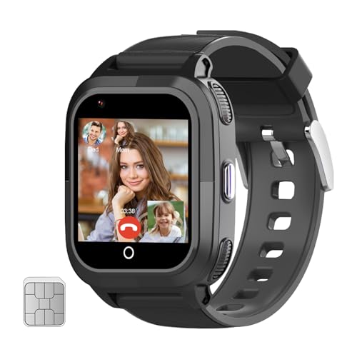 Wonlex Kids Smartwatches with SIM Card, 4G Kids GPS Tracker Whatsapp Line Real-time Calling Voice Message SOS Camera, Birthday Gifts for Girls Boys Aged 5-12(Black01)