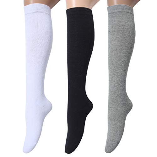 Leotruny 3 Pairs Women's Cotton Opaque Knee High Socks (C06-3 Pairs White Black Gray)