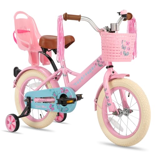 JOYSTAR Little Miss 14 Inch Kids Bike for 3-5 Years Girls Princess Children Bicycle with Training Wheels Basket Streamer Toddler Bikes for 3+ Years Old Girl Pink