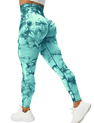 VOYJOY Tie Dye Seamless Leggings for Women High Waist Yoga Pants, Scrunch Butt Lifting Elastic Tights (#1 Teal, Large)