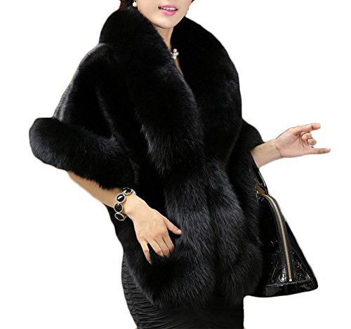 Old Dlrd Women's Winter Faux Fur Coat Wedding Bride Cloak Cape Shawl for Evening Party (Black)