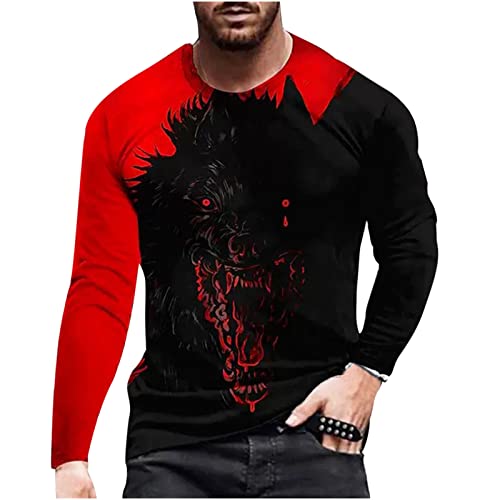 Tank Tops for Men, Long Sleeve Shirts for Men Vintage Animal Printed Pullover Tops Fashion Street Blouse Tees Loose Fit Plus Size Tunic - Men Casual Shirt Red