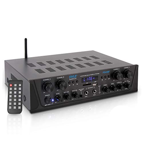 Pyle 500W Karaoke Wireless Bluetooth Amplifier - 4 Channel Stereo Audio Receiver with AUX IN, FM Radio, RCA Subwoofer Speaker OUT, USB, Microphone IN with Echo, 500W Peak Power into 4-8 OHMS - PTA44BT