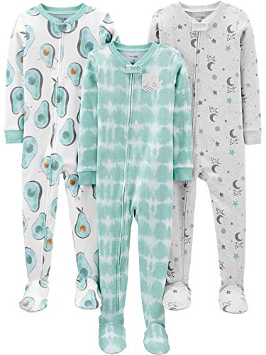 Simple Joys by Carter's Baby Boys' 3-Pack Snug Fit Footed Cotton Pajamas, Avocados/Night Sky Print/Tie Dye, 2T