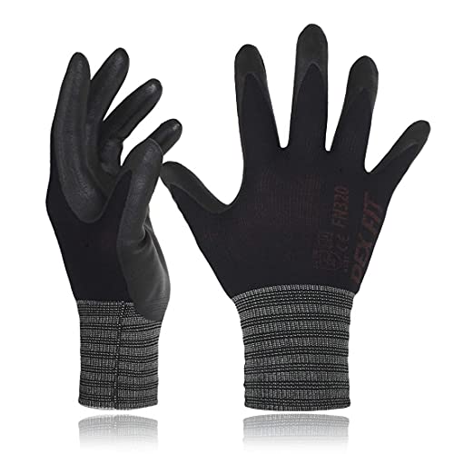 DEX FIT Premium Nylon Work Gloves FN320 - Firm Nitrile Grip, 3D-Comfort Stretchy Fit, Thin & Lightweight, Protective & Durable, Breathable, Machine Washable; Black 7 (S) 3 Pairs