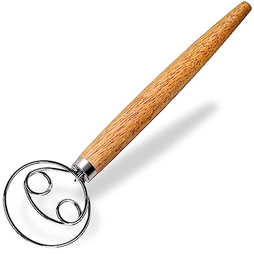 Maxjoy Danish Dough Whisk - Wooden Danish Dough Mixer with Stainless Steel Dough Hook - Original Dutch Sourdough Whisk for Bread Making Tools and Supplies - Whisking Tool 13 Inch