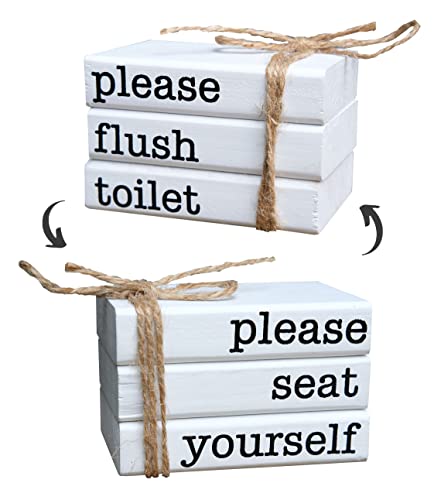 Farmhouse Mini Bathroom Sign Decor Funny Wooden Book Stack for Tray Decor Bathroom Shelf Sitter 2 Signs in 1 Reversible Mini Book Set of 3 for Restroom Decor Rustic Sign