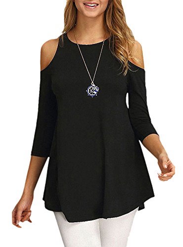 Afibi Womens Cold Shoulder 3/4 Sleeve Swing Tunic Tops for Leggings (X-Large, Black)