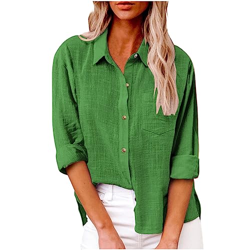 Amazon Warehouse Sale Clearance Long Sleeve Button Down Shirts for Women Plus Size Cotton Linen Business Casual Tops Fall Fashion Blouses 2023 Blouses for Women Green 3X