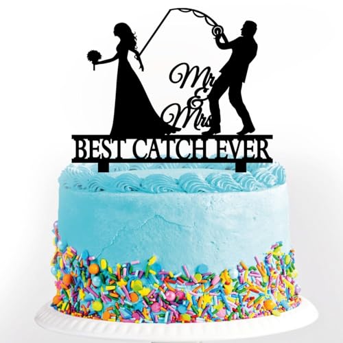Fishing Wedding Cake Topper Best Catch Ever Cake Topper Fishing Theme Wedding/Engagement/Bridal Shower/Anniversary Cake Decoration (best catch ever)