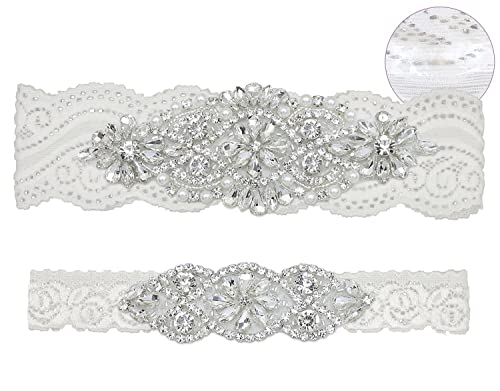 GARGALA Wedding Garters for Bride with Non-Slip Silicone, Lace Bridal Garter Set with Clear Rhinestones Crystal Pearl (L)