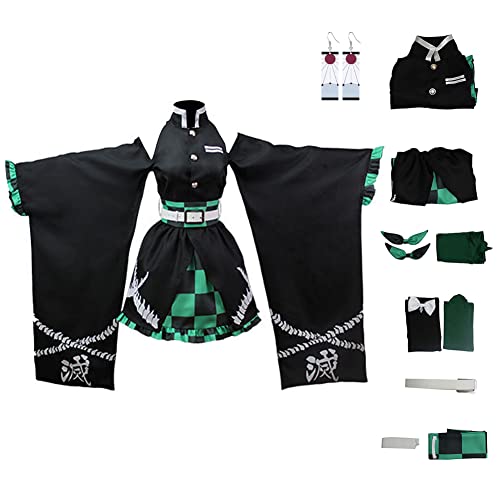 Juejuezi New Zenitsu Tanjirou Cosplay Costume Anime Kimono Halloween Off Shoulder Skirt Shinobu Outfit With Earings (L, Green)