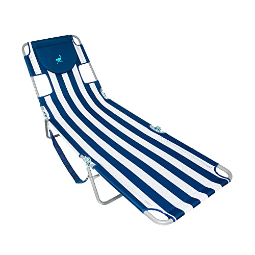 Ostrich Portable Outdoor Chaise Lounge Chair with Patented Face Cavity, Armholes, and 4 Adjustable Beach Chair Positions, Blue Stripe