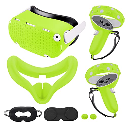 Compatible with Oculus Quest 2 Accessories, Silicone face Cover, VR Shell Cover,Compatible with Quest 2 Touch Controller Grip Cover,Protective Lens Cover,Disposable Eye Cover (Green)
