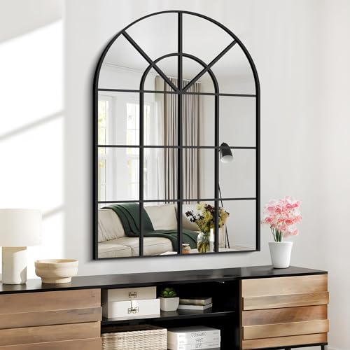 GLASHOM Arched Wall Mirror,30x40 inch Window Mirror Decorative Wall Mounted,Black Frame Window Pane Mirror Arch Mirror for Living Room Bedroom Entryway Hanging or Leaning Against Wall