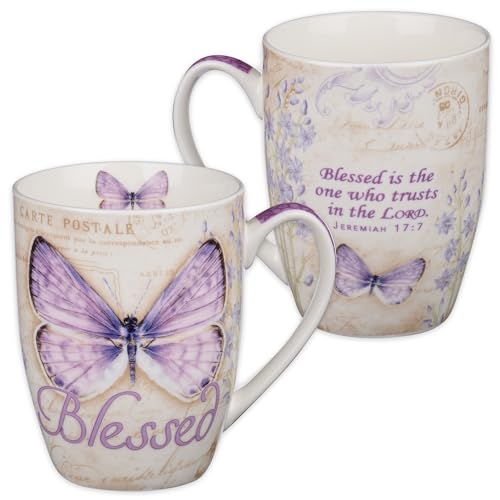 Christian Art Gifts Ceramic Blessed Butterfly Mug – Botanic Purple Butterfly Coffee Mug w/Jeremiah 17:7, Bible Verse Mug for Women and Men – Inspirational Coffee Cup, 12-ounce