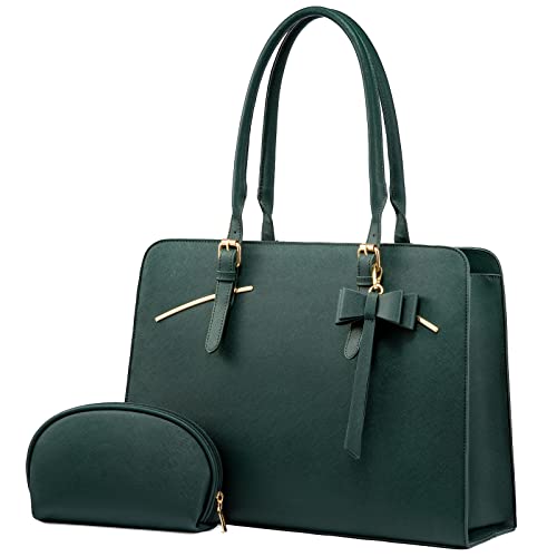 LOVEVOOK Laptop Tote Bag for Women, Waterproof PU Leather Work Computer Satchel Bags 15.6 Inch Briefcase Bag with USB Charging Port Office Shoulder Messenger Purse 2pcs Set, Dark Green