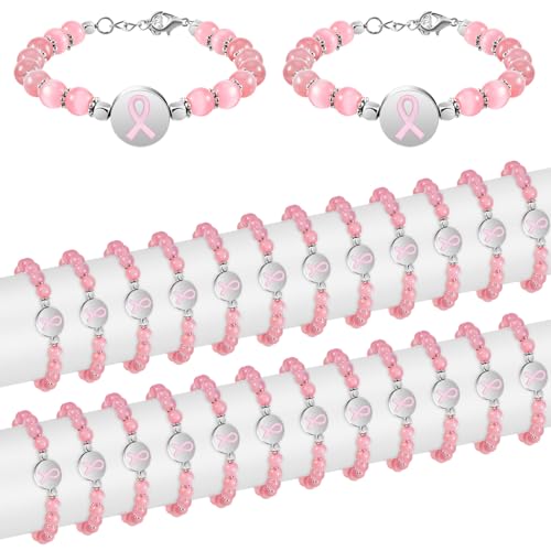 Remuuly 24 Pcs Breast Cancer Bracelets Bulk Christmas Gifts Pink Ribbon Charm Breast Cancer Awareness Bracelet Inspirational Pink Ribbon Breast Cancer Gifts for Woman Girls (Elegant Style)