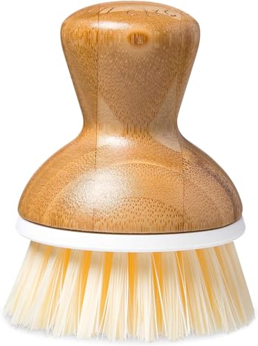 Full Circle Bubble Up Bamboo Dish Brush – Ergonomic Palm Scrubber with Handle for Kitchen Cleaning, Hand Washable Green Brush with Ceramic Base, White, Pack of 1