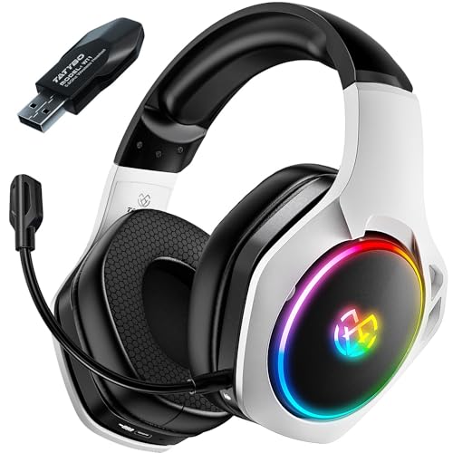 Tatybo Wireless Gaming Headset for PS4, PS5, PC - 2.4GHz Gaming Headphones with Detachable Noise Canceling Microphone, 30H+ Battery Gamer Headsets for Switch, Mac, Phone (White)