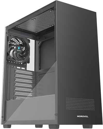 MOROVOL ATX PC Case, Tempered Glass Gaming PC Case, Integrated Panel Design ATX Case, Pre-Install 1x120MM Fan, Computer Case with USB 3.0, Black,625V