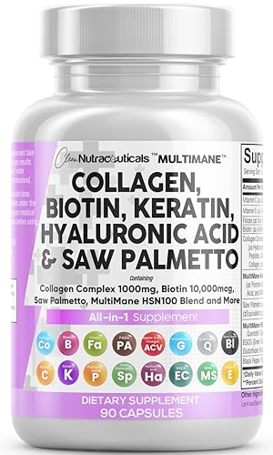 Collagen Pills 1000mg Biotin 10000mcg Keratin Saw Palmetto 2500mg Hyaluronic Acid - Hair Skin and Nails Vitamins and DHT Blocker with Vitamin E Folic Acid Pumpkin Seed MSM - 90 Count