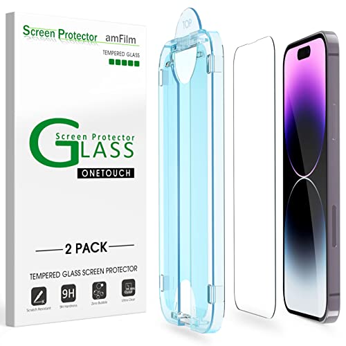 amFilm Easiest Installation OneTouch for iPhone 14 Pro [6.1 Inch] Screen Protector Tempered Glass, Auto-Alignment Tech, Bubble Free and Full Coverage Case Friendly, Anti-Scratch 2 Pack