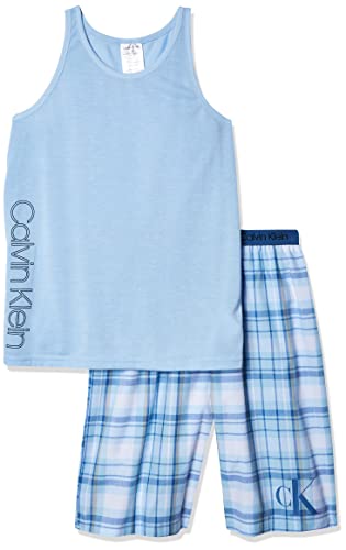 Calvin Klein Boys' Little 2 Piece Sleepwear Top and Bottom Pajama Set, Blue Bell, ck River Plaid, Medium (7/8)