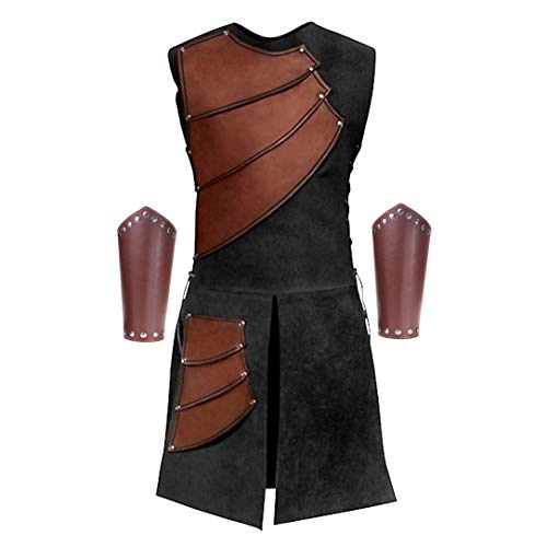 Elefan Cornelia Underwear Men's Side Laces up Knight Viking Pirate Armor Long Waistcoats Vests Long Bracer Costume Set Brown, Large(Chest 41-42)