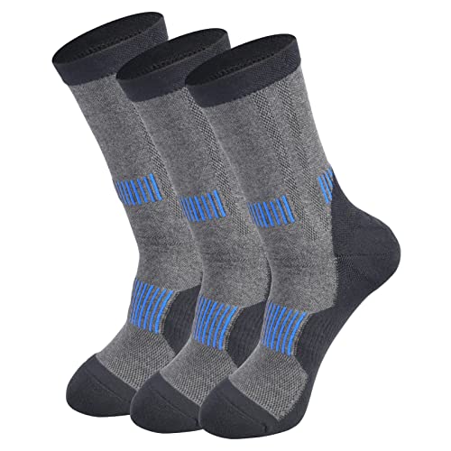 WindCrosser Men's 3 Pairs Black/Grey Padded Anti Odor Breathable Crew Mid Calf Hiking Socks,Size7-12