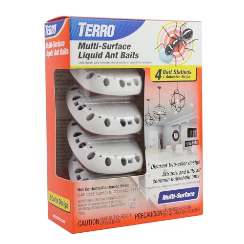 TERRO T334B Indoor Multi-Surface Liquid Ant Bait and Ant Killer - 4 Discreet Ant Bait Stations - Kills Common Household Ants