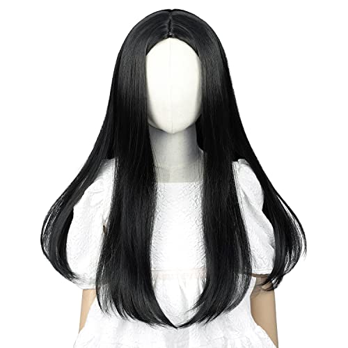 Aicos Long Straight Black Cosplay Wig for Girls, Synthetic Wig with a free Wig Cap for Daily Party Cosplay