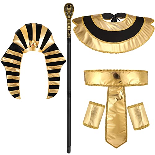 6 Pieces Egyptian Costume Accessory Set Pharaoh Hat Egyptian Collar Egyptian Belt Cuffs Cobra Head Scepter for Men Halloween King Tut Cosplay Role Play Party Prop Supplies