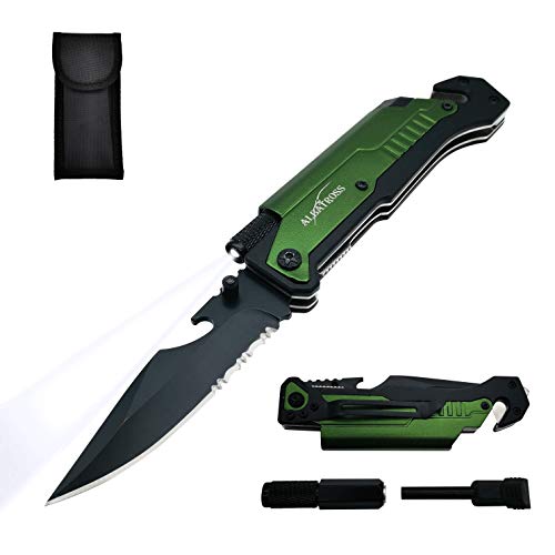 ALBATROSS 6 in 1 Survival Camping Tactical Folding Pocket Knife with Flashlight,Bottle Opener,Rope Cutter,Fire Starter,Glass Breaker,Multi-Function Tool(Green-1)