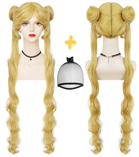 Anogol Wig Cap+Long Blond Wavy Wig with 2 Ponytails Hair Blonde Cosplay Wig for Girls Anime Cosplay Wig, Yellow Wig for Anime Cosplay Women Halloween Party Blonde Pigtail Wig for Halloween Cosplay Wig