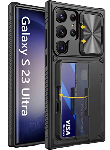 Vihibii Case with Card Holder (4 Cards) & Sliding Camera Cover & Kickstand, Shockproof Rugged Hard Back & TPU Edge Wallet Case for Samsung Galaxy S23 Ultra 5G 6.8' 2023 , Black