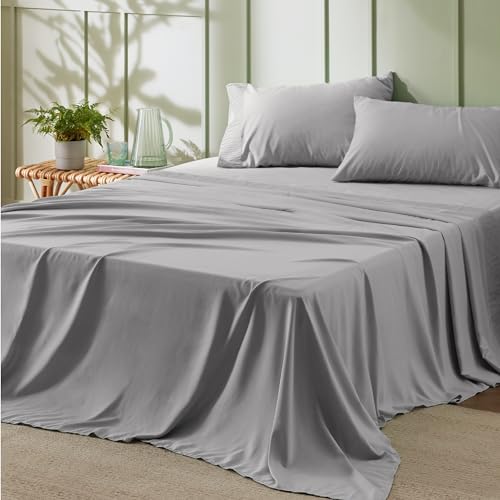 Bedsure Queen Sheet Set - Soft Sheets for Queen Size Bed, 4 Pieces Hotel Luxury Grey Queen Sheets, Easy Care Polyester Microfiber Cooling Bed Sheet Set