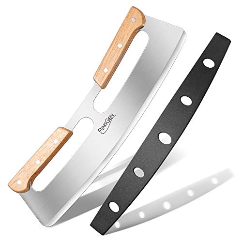 14Inch Pizza Cutter Rocker Style FENGCHEN Very Sharp Pizza Knife Cutter,Suitable For Fruit Salad Bread Type Chopped Sliced ,Black Protective Case Double Wooden Handle Handle