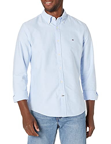 Tommy Hilfiger mens Long Sleeve Solid Oxford in Custom Fit Button Down Shirt, Tommy Blue, Large US