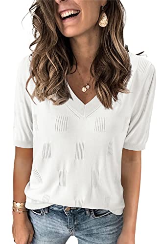 Arach&Cloz Womens Spring Summer Tops 2024 Trendy Fashion Short Sleeve Plus Size Sweaters V Neck Knit Clothes Western Vacation Resort Wear Dressy Cute St Patricks Casual Outfits Business Blouse White