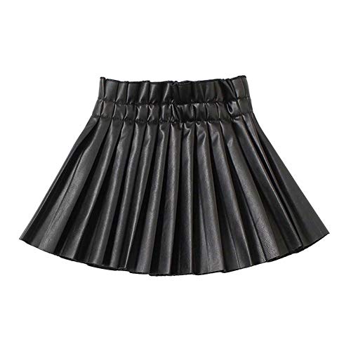 WELAKEN Pu Leather Skirts for Girls Kids & Teen & Toddler & Women Faux Leather Pleated Skirts,Black,6-7 Years