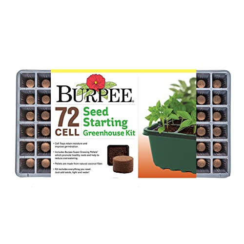 Burpee Greenhouse Indoor Starting Herbs, Flowers and Vegetables | Includes Dome, Watering, Seed Starter Tray, Coir Pellets | 10' W x 20' L x 5' H, One Size, 1 Kit (72 Cells)