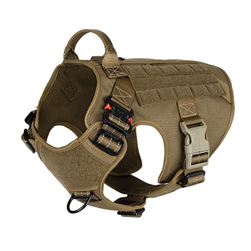 ICEFANG Tactical Dog Harness,2X Metal Buckle,Working Dog MOLLE Vest with Handle,No Pulling Front Leash Clip,Hook and Loop Panel (Large (Pack of 1), Reflective Brown)