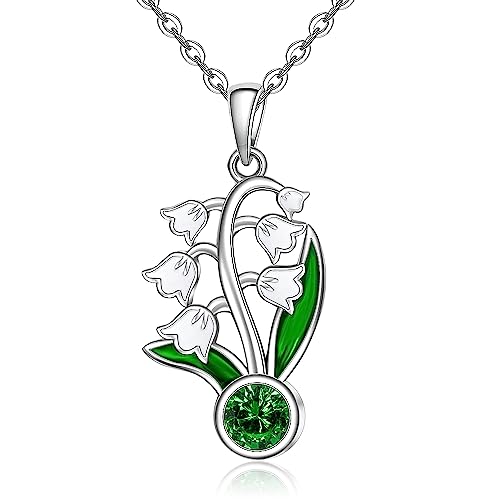 Birth Flower Necklace May Birthstone Lily Of The Valley Necklace for Women Sterling Silver Birthflower Pendant Jewelry Charm Mothers Day Christmas Birthday Gifts