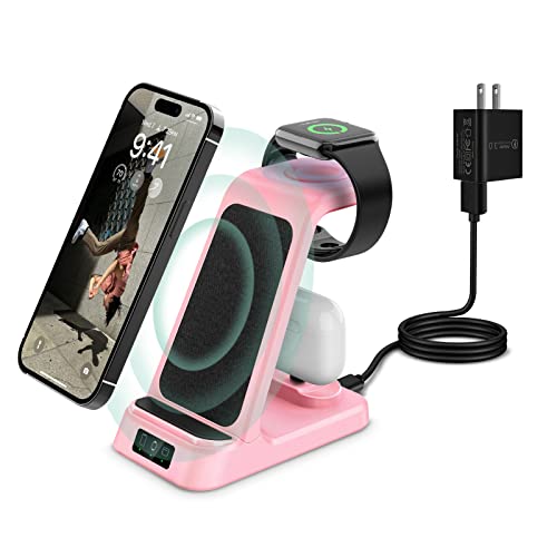 DDUAN Wireless Charging Station, 3 in 1 Fast Charging Stand, Wireless Charger for Apple Watch 8/7/6/5/4/3 & iPhone15/14/13/12/11/Pro/Max/X/XS/Max/XR/8, Airpods/Pro(QC3.0 Adapter Included)-Pink