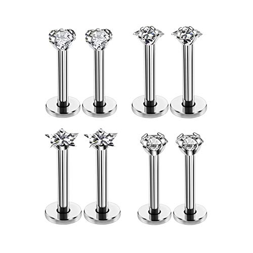 16G Love/Star/Square/Round Shape Clear CZ Labret Monroe Lip Ring Tragus Nail Helix Earring Stud Piercing Jewelry Surgical Stainless Steel Bar 8mm CZ 3mm 4 Pairs