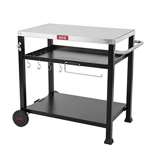 Feasto 3-Shelf Movable Food Prep and Pizza Oven Table, BBQ Grill Cart, Indoor & Outdoor Bar Table, Multifunctional Stainless Steel Grill Table on 2 Wheels, Outdoor Bar Cart, L39.5 x W25.6 x H33